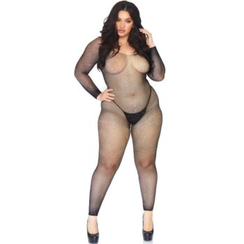 Bodystocking curvy nero in rete con strass e maniche lunghe, taglia grande - immagine 1