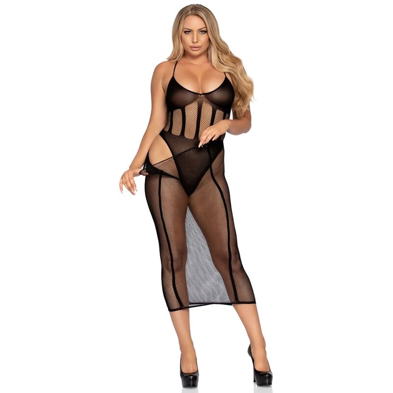 completino-body-rete-gonna-lunga-trasparente-4 Completino nero: body a rete con inserti opachi e gonna lunga trasparente coordinata - immagine 4