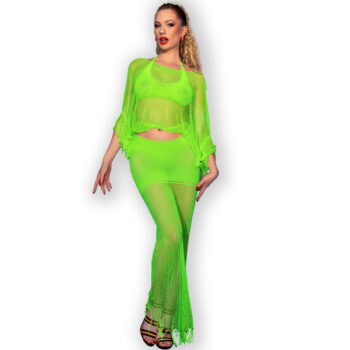 Completino lingerie 3 pezzi verde neon con top, reggiseno e gonna - immagine 1
