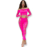 Completino traforato fucsia con top e leggings a tagli laser - immagine 2