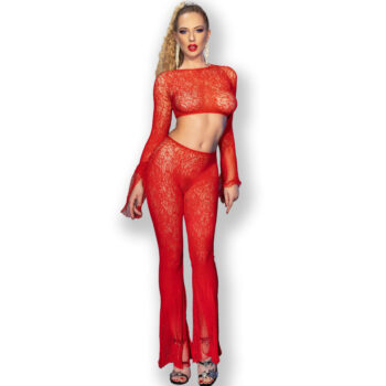 Completino in pizzo trasparente rosso con top corto e pantalone lungo - immagine 1