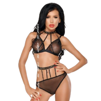 Completino nero trasparente con collare, reggiseno a triangolo e anelli dorati - immagine 1