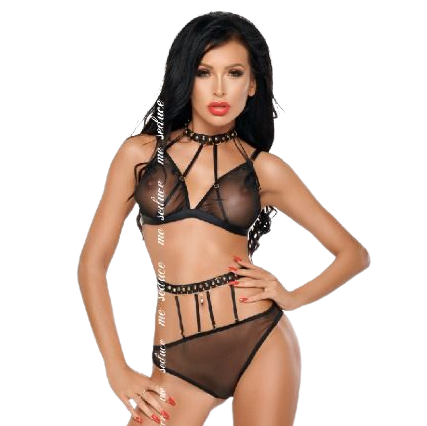 completino-trasparente-collare-anelli-dorati-1 Completino nero trasparente con collare, reggiseno a triangolo e anelli dorati - immagine 1
