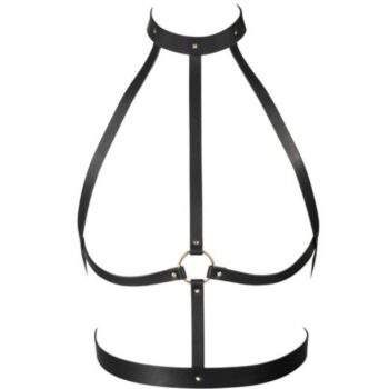 Harness bondage nero in pelle vegana con collare, anello centrale e fascia sottoseno - immagine 2