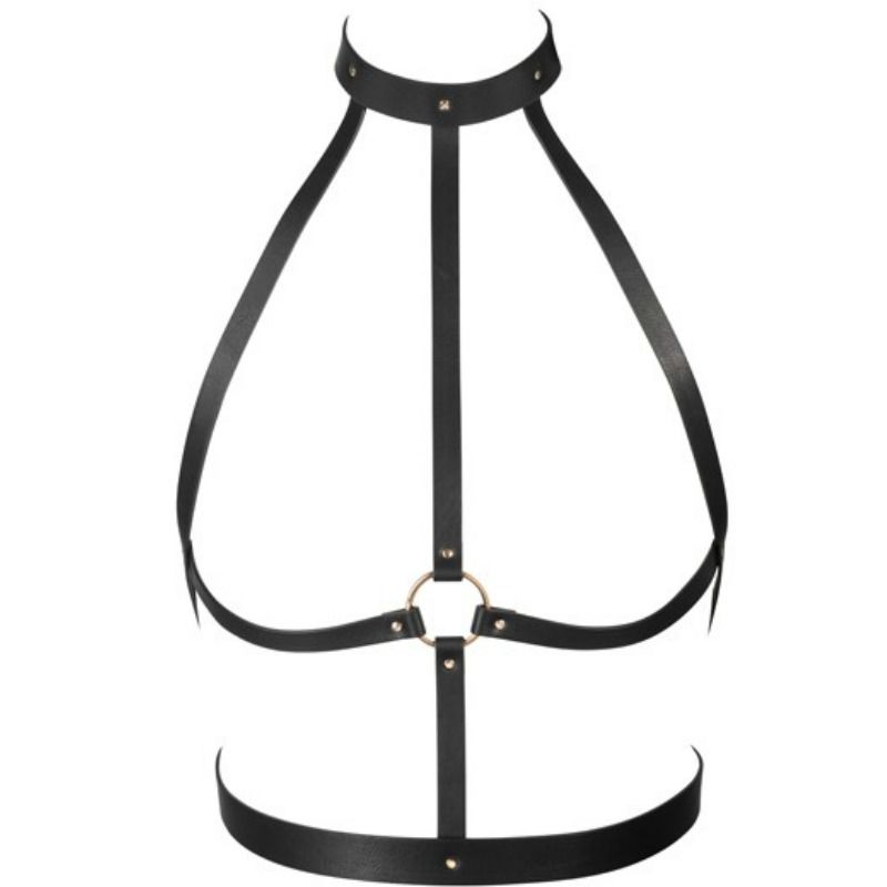 harness-bondage-pelle-vegana-anello-2 Harness bondage nero in pelle vegana con collare, anello centrale e fascia sottoseno - immagine 2