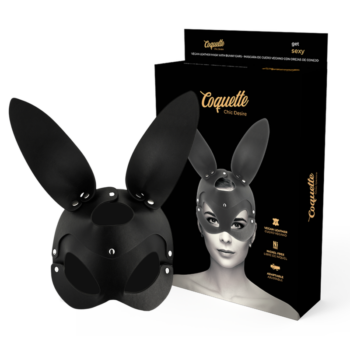 Maschera coniglietta in pelle vegana nera con orecchie e cinturino regolabile - immagine 1