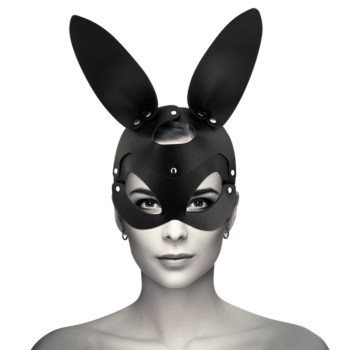Maschera coniglietta in pelle vegana nera con orecchie e cinturino regolabile - immagine 5