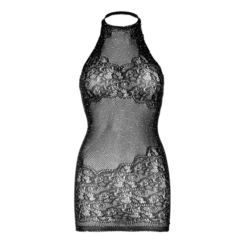 mini-abito-pizzo-rete-strass-halter-1 Mini abito nero in pizzo e rete con strass e collo halter, trasparente - immagine 1