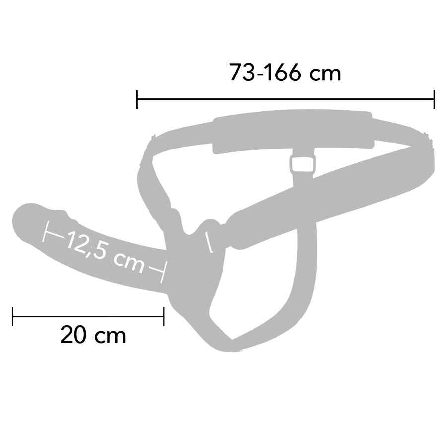 strap-on-cavo-guaina-pene-20cm-misure Schema misure strap-on cavo: lunghezza 20 cm, profondita 12,5 cm, imbragatura 73-166 cm