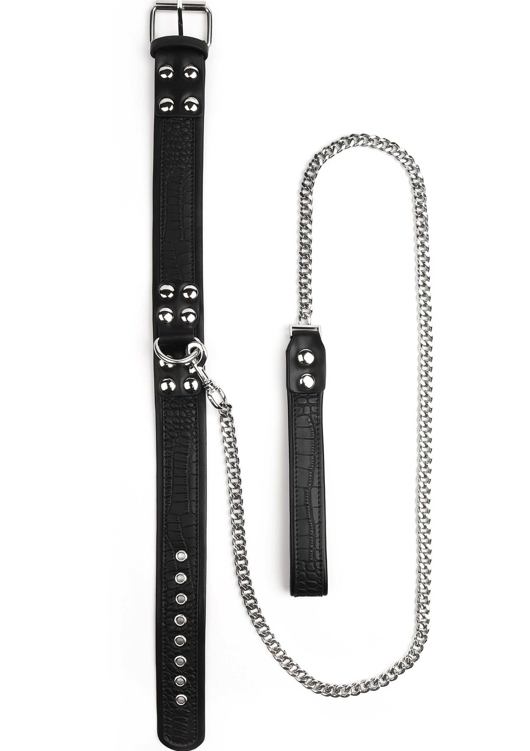 Avanza Feros Croc-Embossed Collar Leash 3 Collare Avanza Feros disteso accanto alla catena da 118 cm con impugnatura in pelle