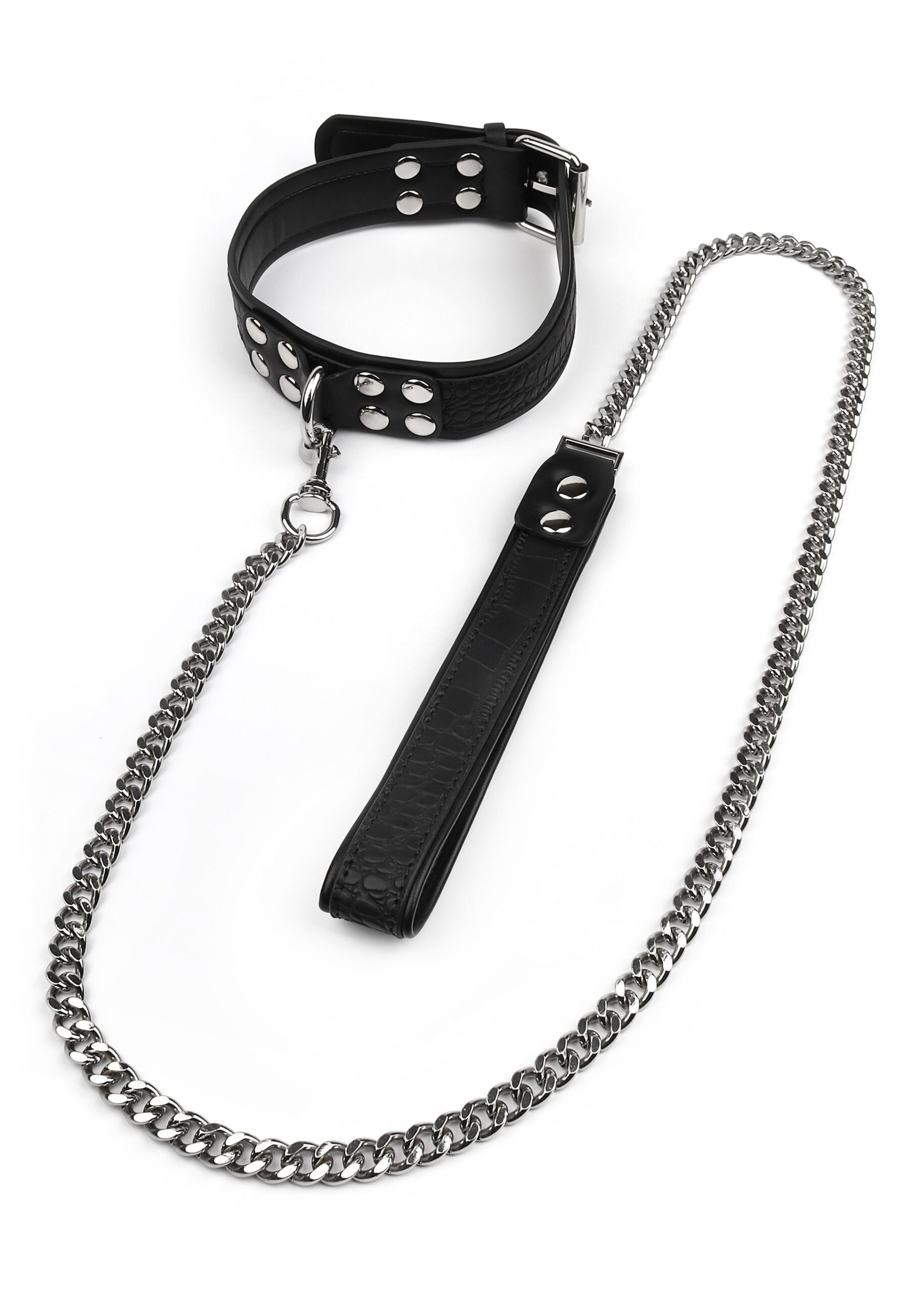 Avanza Feros Croc-Embossed Collar Leash 4 Set completo Avanza Feros: collare chiuso ad anello e guinzaglio a catena con impugnatura imbottita