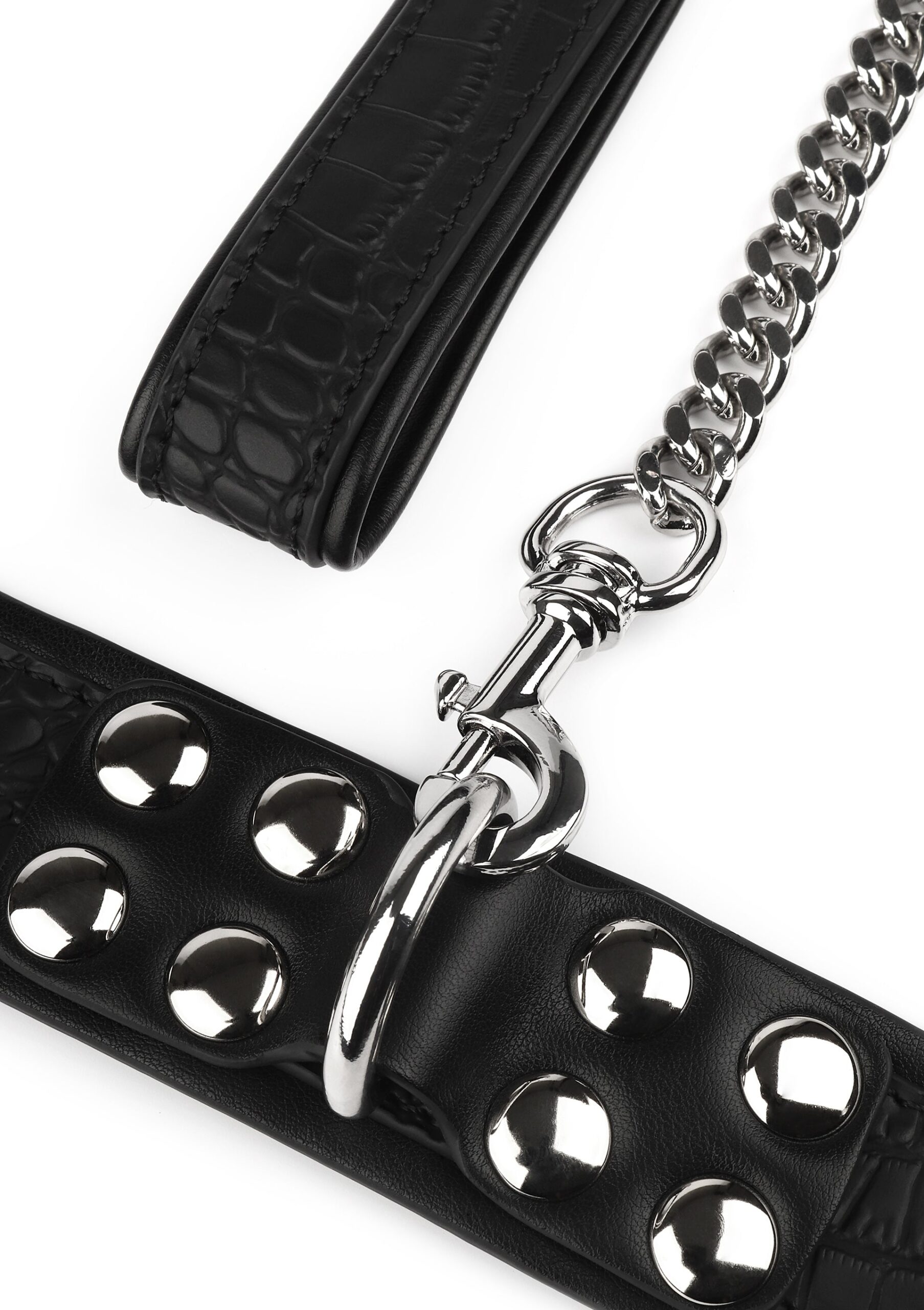 Avanza Feros Croc-Embossed Collar Leash 5 Dettaglio del moschettone cromato sull anello a D e dei bottoni a cupola del collare Feros