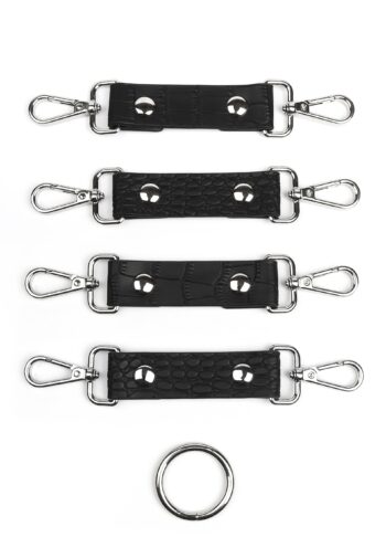Contenuto del kit hogtie Avanza Feros: quattro cinturini da 18 cm e anello centrale separati