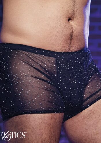 CalExotics Radiance boxer uomo in rete nera con strass, indossato di lato