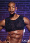 CalExotics Radiance crop top uomo in rete nera con strass, indossato