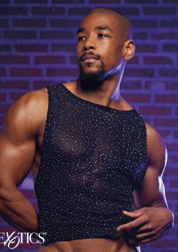 CalExotics Radiance Muscle Tank uomo in rete nera con strass, indossato