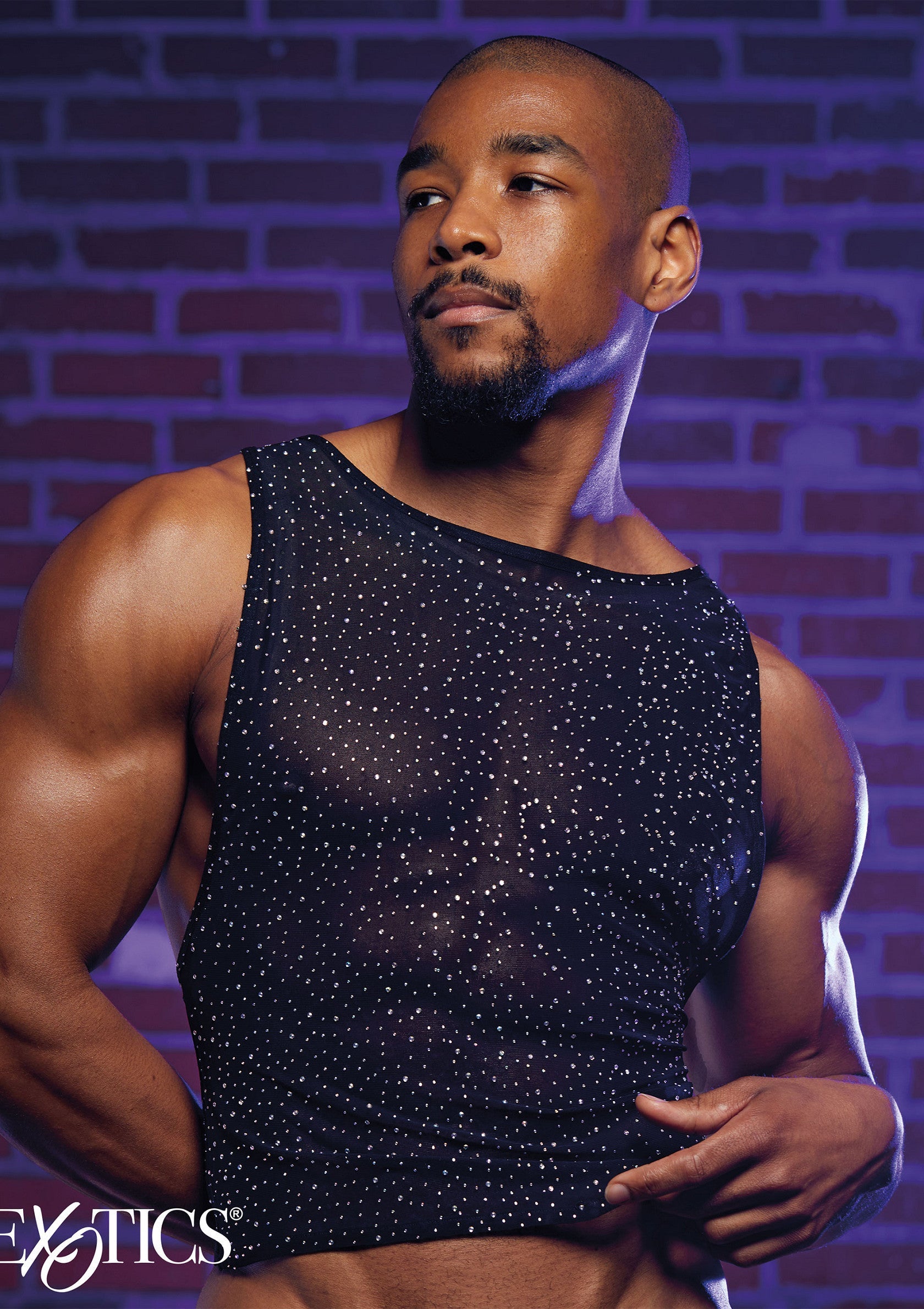 CalExotics Radiance Muscle Tank 01 CalExotics Radiance Muscle Tank uomo in rete nera con strass, indossato