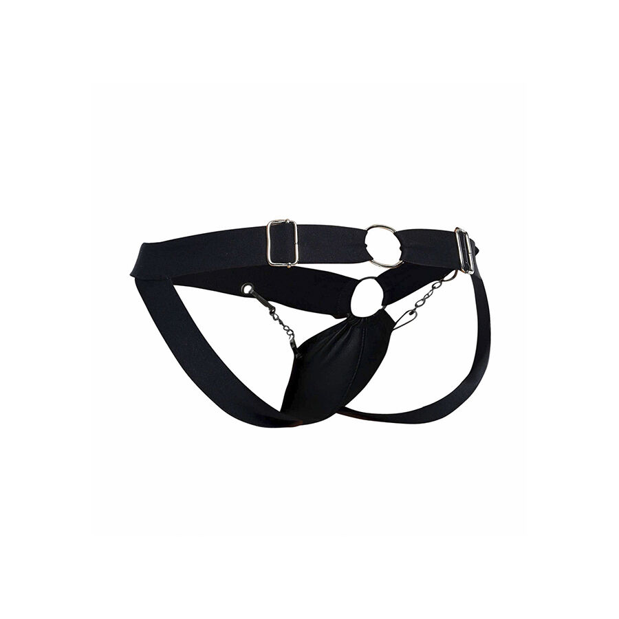 DNGEON Chainlink Jockstrap Nero 05 DNGEON Chainlink jockstrap uomo nero, capo fotografato, catene e anello centrale