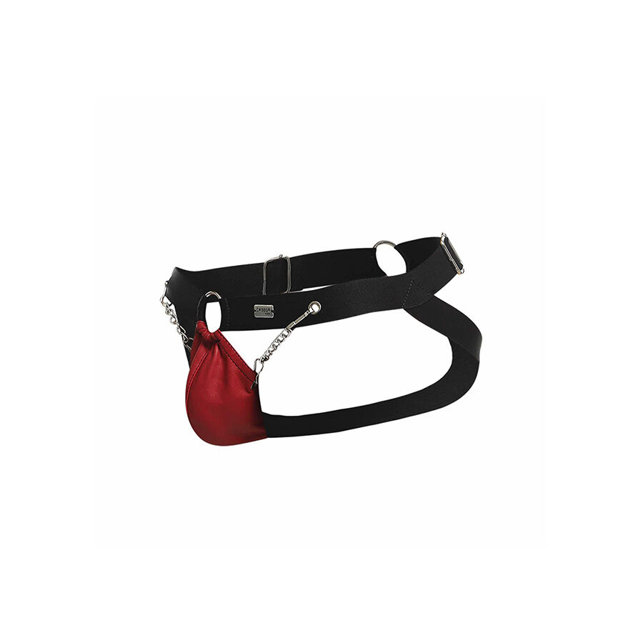 DNGEON Chainlink Jockstrap Rosso 06 DNGEON Chainlink jockstrap uomo rosso, capo fotografato, catene e anello centrale