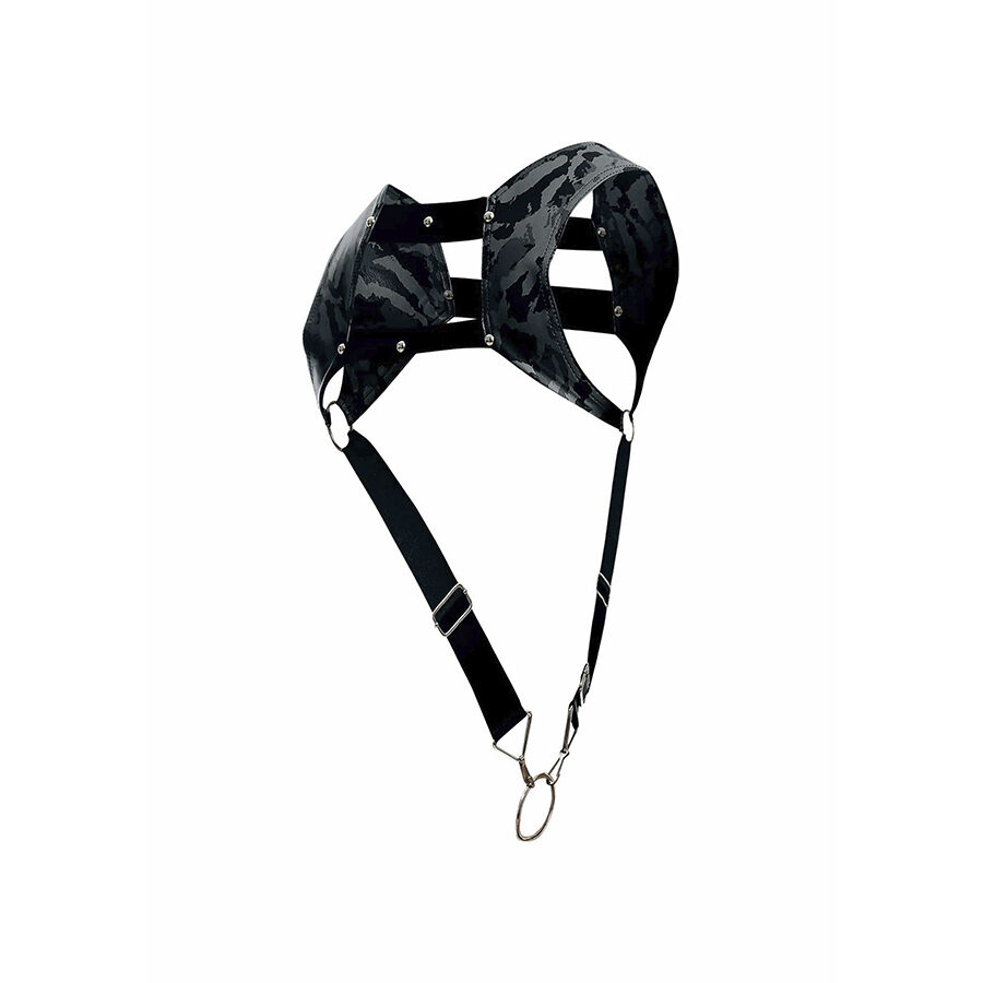 DNGEON Harness Mimetico 05 DNGEON harness mimetico still life di lato, cursori di regolazione e moschettone