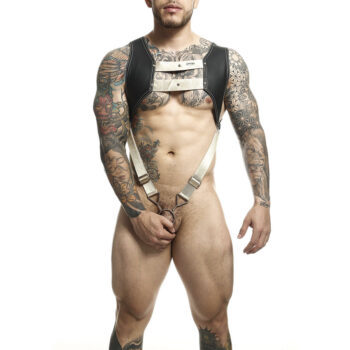 DNGEON harness uomo nero con bande oro, indossato di fronte