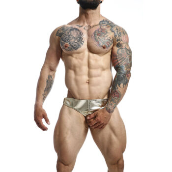DNGEON jockstrap uomo oro metallizzato, conchiglia con borchie e anello