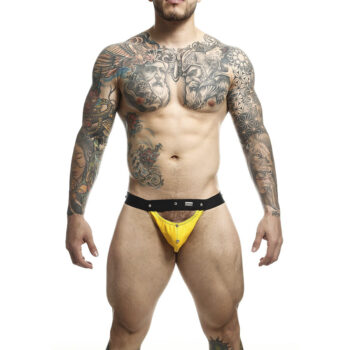 DNGEON jockstrap sportivo giallo, conchiglia in ecopelle su bande nere