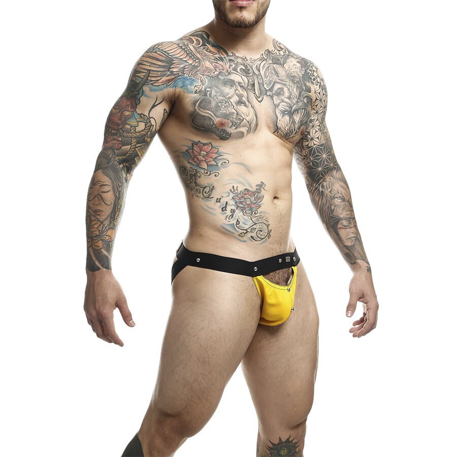 DNGEON Jockstrap Sport Giallo 10 DNGEON jockstrap giallo, dettaglio delle borchie sulla cintura