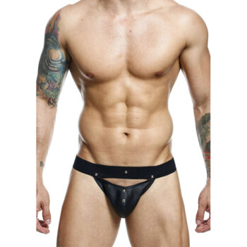 DNGEON jockstrap sportivo nero, indossato di fronte