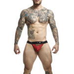 DNGEON jockstrap sportivo rosso, conchiglia in ecopelle su bande nere