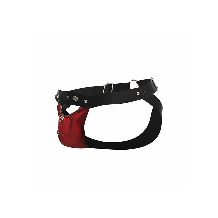 DNGEON Jockstrap Sport Rosso 15 DNGEON jockstrap rosso, vista laterale del capo con fibbie di regolazione