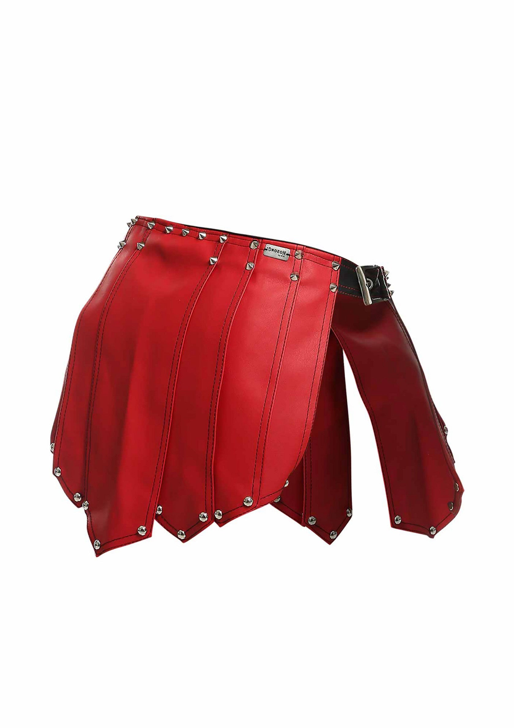 DNGEON Roman Skirt Rosso r4 DNGEON Roman Skirt rossa, capo fotografato con cintura a fibbia e borchie