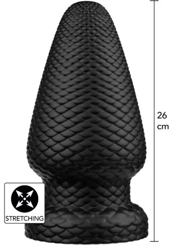 Plug anale XXXXL Hidden Desire Extreme Giant Dragon nero a scaglie, alto 26 cm