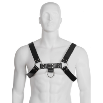 Leather Body bulldog harness nera indossata su manichino, banda pettorale e anello a D