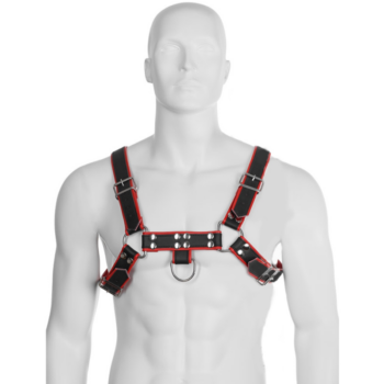 Leather Body bulldog harness nera con bordatura rossa indossata su manichino
