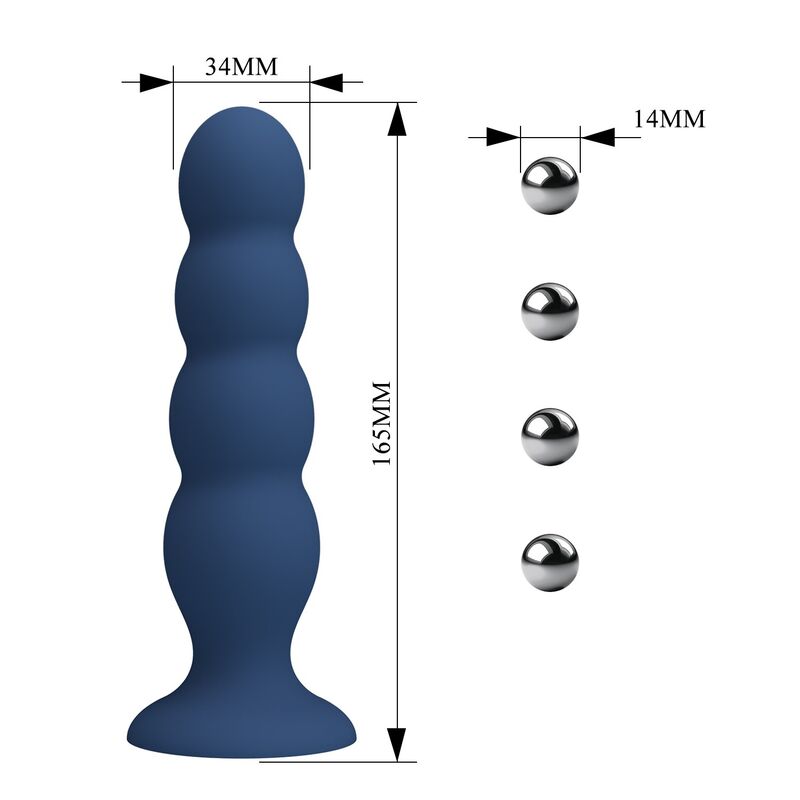 Mr Play XL Plug Anale 5 Mr Play XL - schema dimensioni: lunghezza 165 mm, larghezza 34 mm, sfere 14 mm