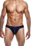MaleBasics Neon Jock blu elettrico indossato, cucitura fluo sulla conchiglia