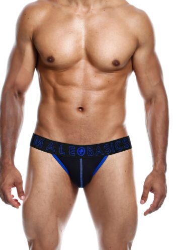 MaleBasics Neon Jock blu elettrico indossato, cucitura fluo sulla conchiglia