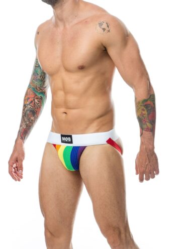 MOB Pride Classic jockstrap arcobaleno di tre quarti, cintura bianca MOB
