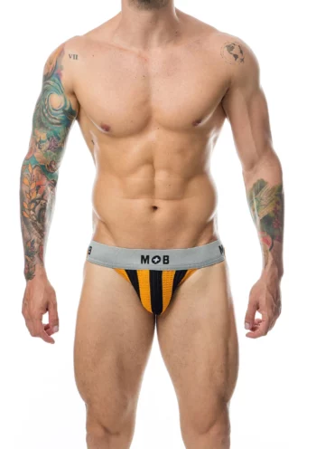 MOB Stripe Classic Jock arancione a righe, indossato di fronte