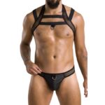 Passion Jacob set uomo con harness a collare e jockstrap nero, anelli in metallo