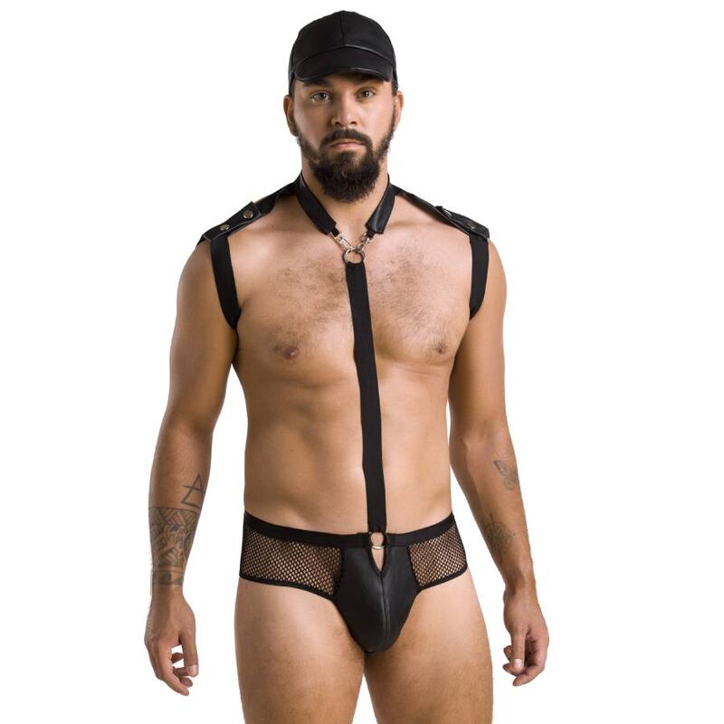 Passion John Set Uomo 01 Passion John set uomo wet look nero con imbracatura, slip a rete e cappellino