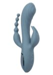 Vibratore CalExotics Triple Ecstasy grigio azzurro con asta a onde, stimolatore a due punte e coda a sfere