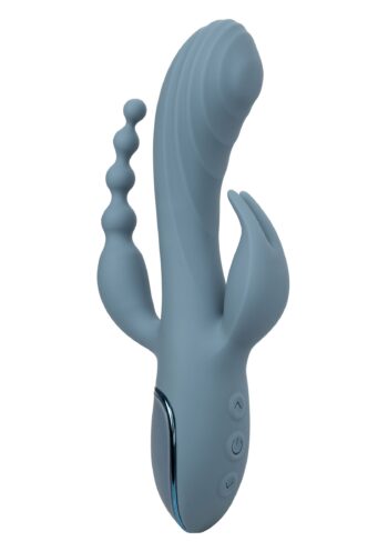 Vibratore CalExotics Triple Ecstasy grigio azzurro con asta a onde, stimolatore a due punte e coda a sfere