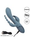 Vibratore CalExotics Triple Ecstasy grigio azzurro con asta a onde, stimolatore a due punte e coda a sfere