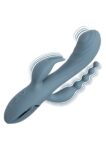 Vibratore CalExotics Triple Ecstasy grigio azzurro con asta a onde, stimolatore a due punte e coda a sfere