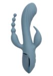 Vibratore CalExotics Triple Ecstasy grigio azzurro con asta a onde, stimolatore a due punte e coda a sfere