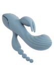Vibratore CalExotics Triple Ecstasy grigio azzurro con asta a onde, stimolatore a due punte e coda a sfere