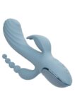 Vibratore CalExotics Triple Ecstasy grigio azzurro con asta a onde, stimolatore a due punte e coda a sfere
