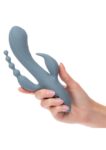 Vibratore CalExotics Triple Ecstasy grigio azzurro con asta a onde, stimolatore a due punte e coda a sfere